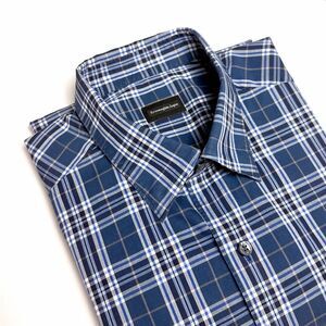 ERMENEGILDO ZEGNA Button Down Shirt Blue White Plaid Cotton Long Sleeves XL